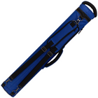 A blue hard case with black straps, buckles, and a black handle, shown diagonally on a plain white background.