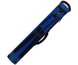A blue hard case with black straps, buckles, and a black handle, shown diagonally on a plain white background.