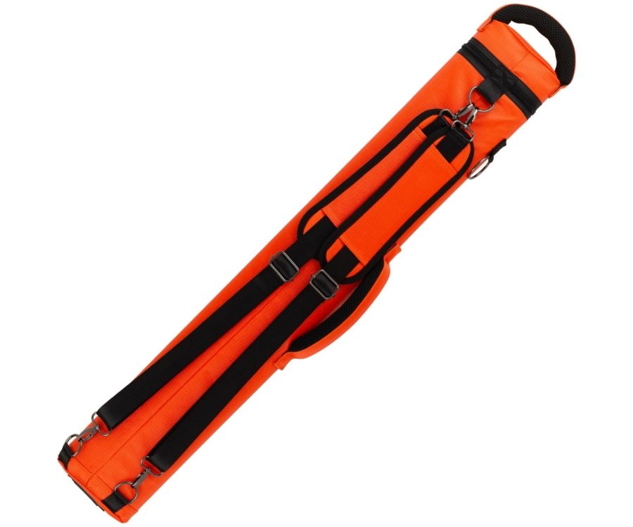 Bright orange sports equipment bag with black straps, buckles, and a top carry handle, shown on a plain white background.