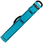 Blue pool cue case with black handle on a white background