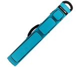 Blue pool cue case with black handle on a white background