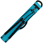 A turquoise blue and black cue case shwon diagonally on a plain white background.