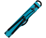 A turquoise blue and black cue case shwon diagonally on a plain white background.