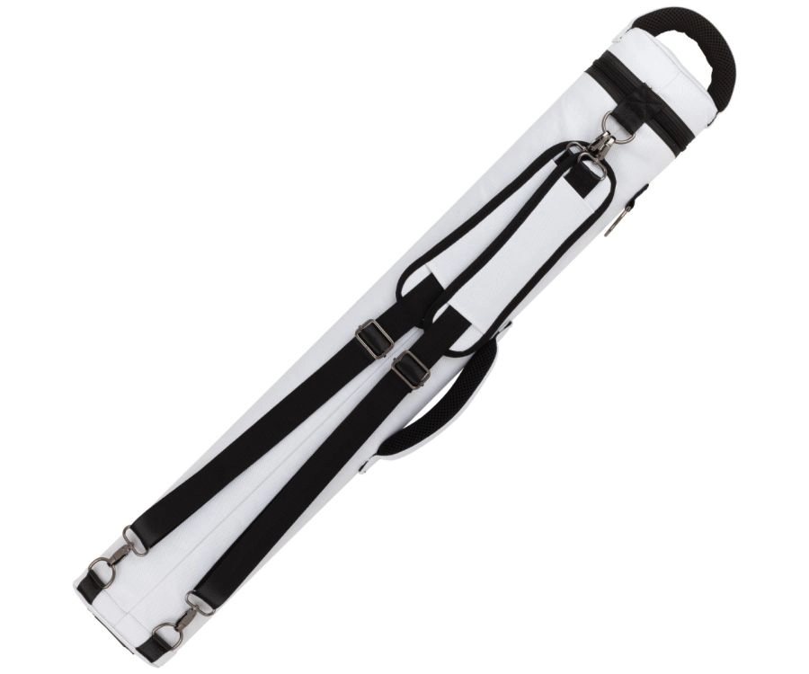 A white and black sports equipment bag with adjustable black straps and a top carry handle, shown on a plain white background.