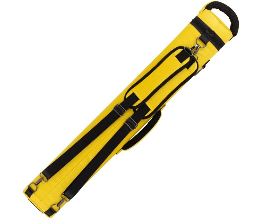 A bright yellow soft-sided sports bag with black straps, buckles, and a black top handle, shown on a plain white background.