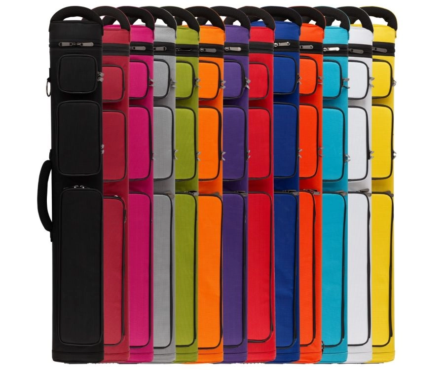 Row of colorful cue cases on a white background