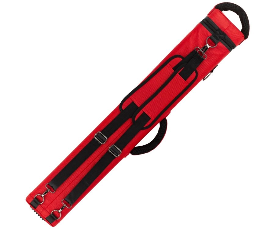 A red and black sports equipment bag with multiple straps, buckles, and a top carry handle, shown on a plain white background.