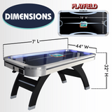 Air hockey table with dimensions labeled on a white background