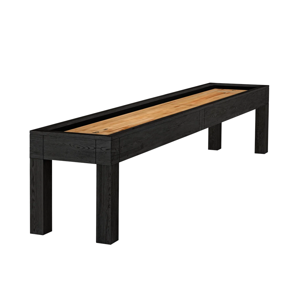 American Heritage Billiards Alta 9' Shuffleboard Table in Black Ash with wood playing surface.