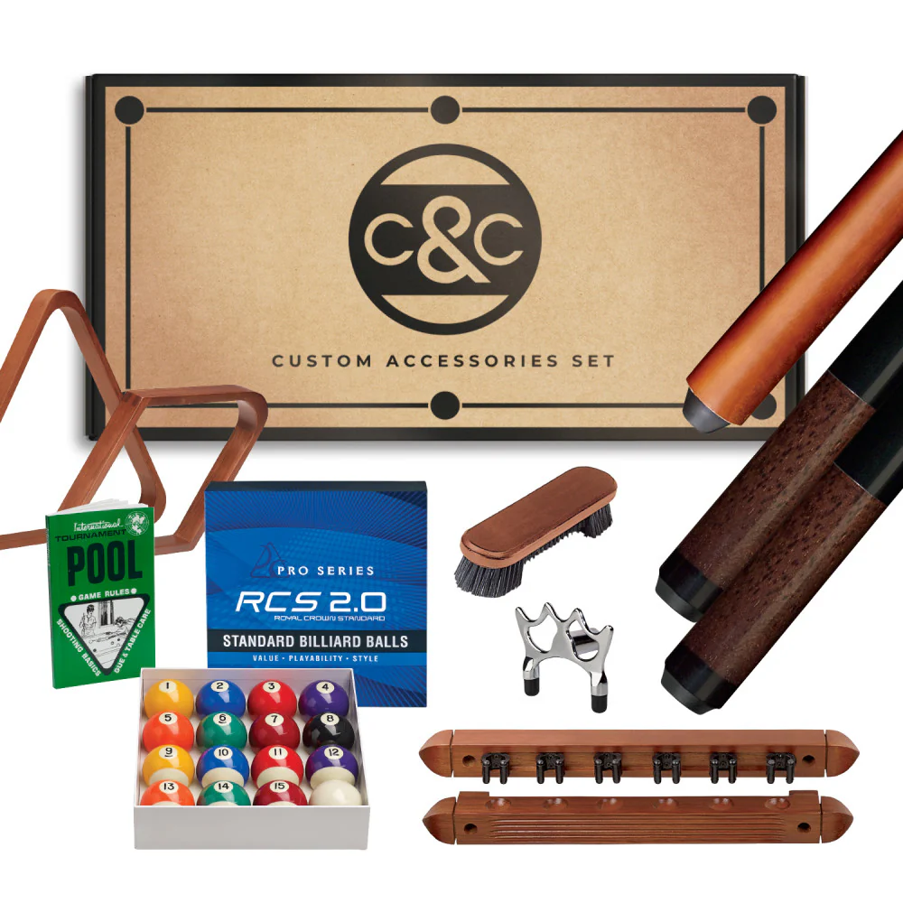 Collection of pool accessories including balls, cues, and maintenance tools on a white background with C&C Custom Accessories branding.
