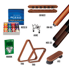 Collection of pool accessories including balls, cues, triangle rack, and brush on a white background.