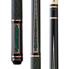 Three views of the Lucasi Custom Art Deco Rose Gold & Malachite Cue with inlays and LD shaft.