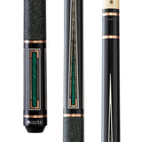Three views of the Lucasi Custom Art Deco Rose Gold & Malachite Cue with inlays and LD shaft.