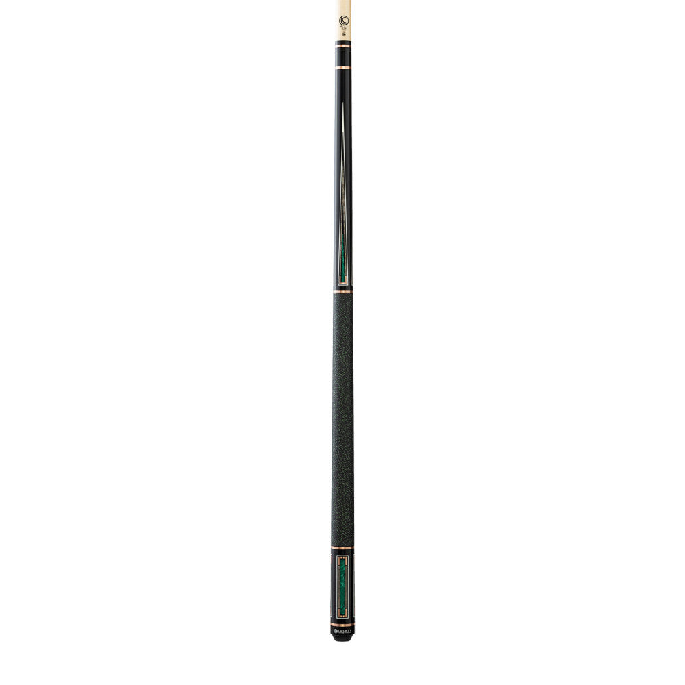 The Lucasi Custom Art Deco Rose Gold & Malachite Cue stands vertically against a white background.