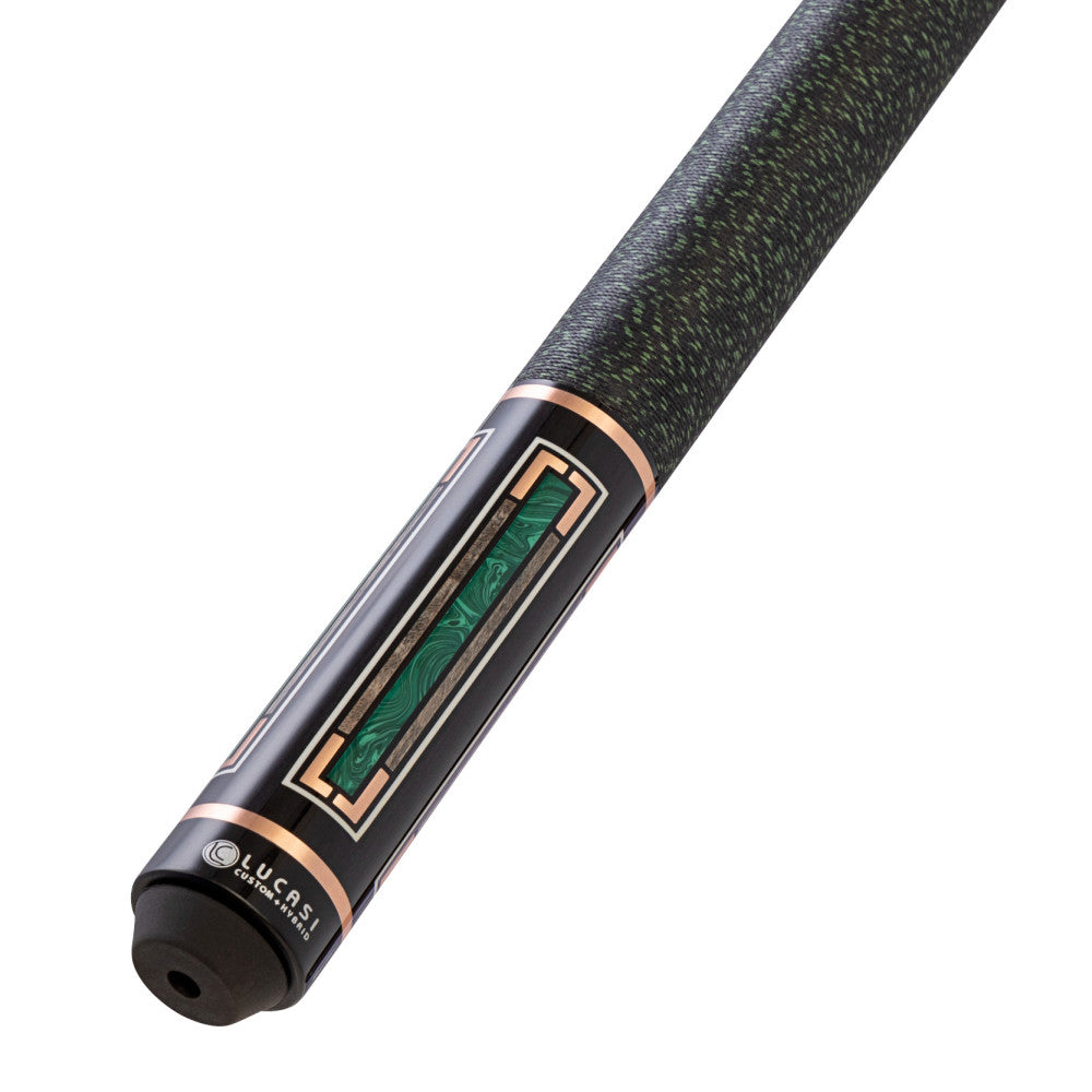 Close-up of the Lucasi Custom Art Deco Rose Gold & Malachite Cue handle with green inlays.