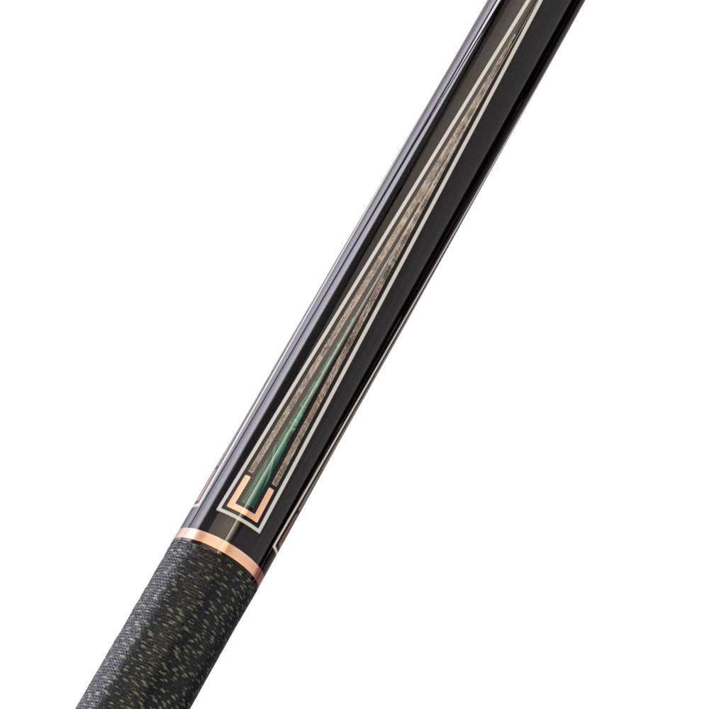 Close-up of Lucasi Custom Art Deco Rose Gold & Malachite Cue with textured grip and Kamui tip.