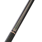 Close-up of Lucasi Custom Art Deco Rose Gold & Malachite Cue with textured grip and Kamui tip.