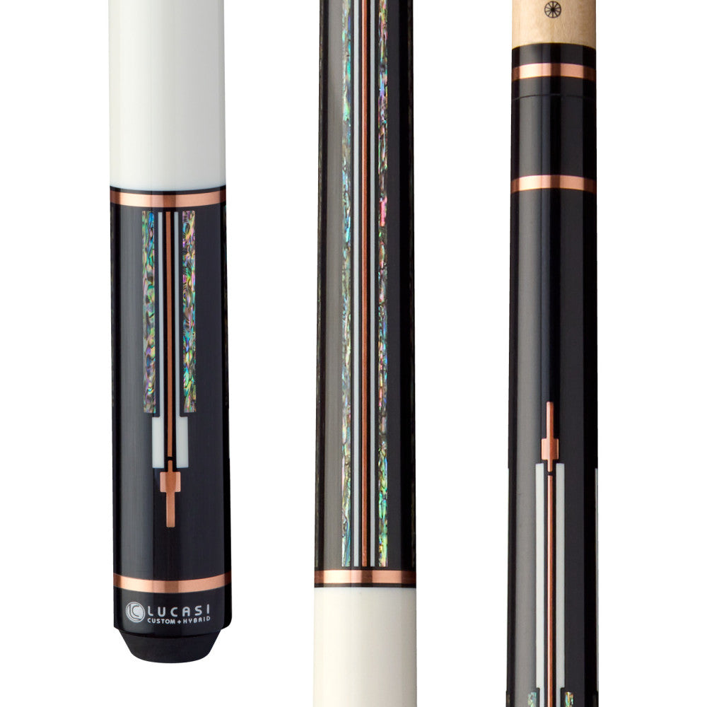 Close-up of Lucasi Custom Art Deco Rose Gold & Mother-of-Pearl Cue with black and iridescent inlays.