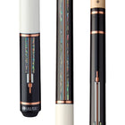 Close-up of Lucasi Custom Art Deco Rose Gold & Mother-of-Pearl Cue with black and iridescent inlays.