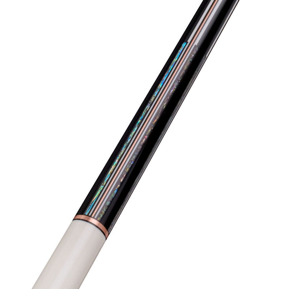 Close-up of Lucasi Custom Art Deco Cue with rose gold, pearl inlays, and Kamui Pro Soft Tip.