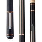 Close-up of a Lucasi Custom Art Deco Rose Gold & Silver Cue with stripe inlays and Kamui tip.