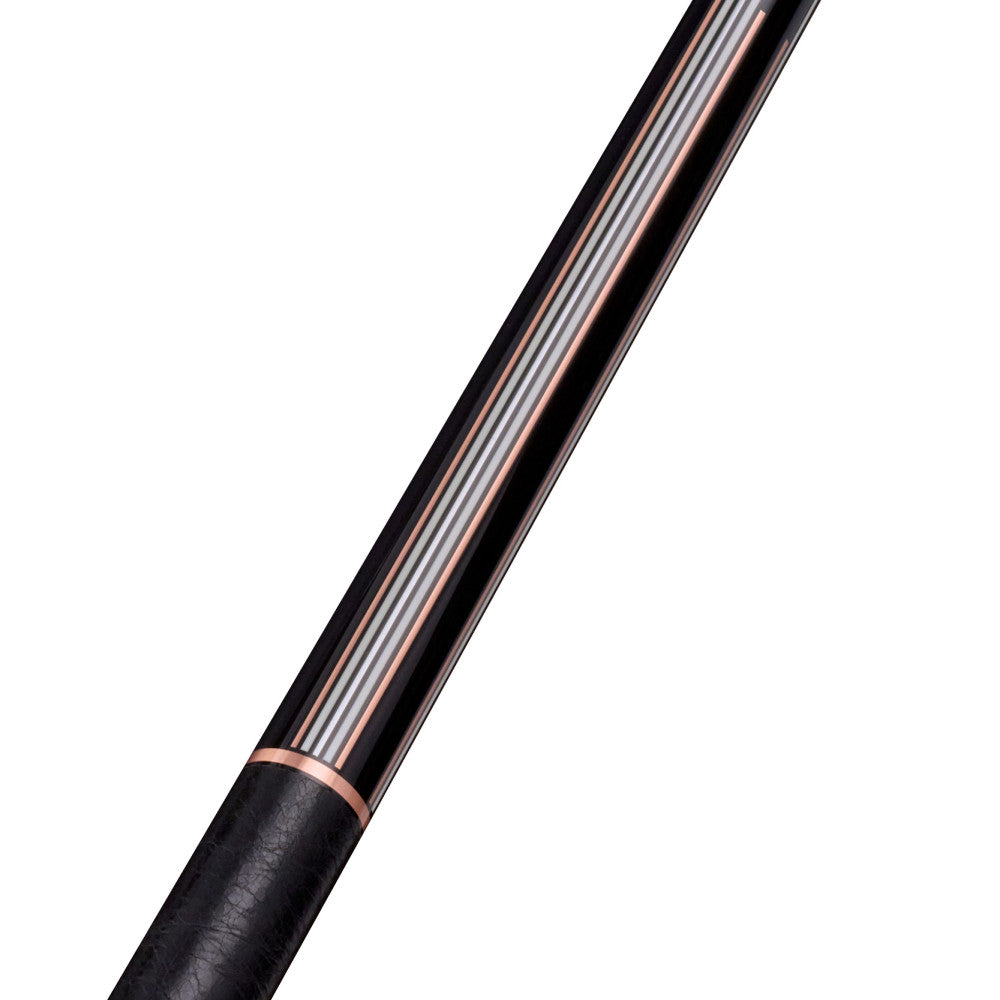 Close-up of a Lucasi Custom Art Deco Rose Gold & Silver Cue with textured grip and low-deflection shaft.