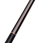 Close-up of a Lucasi Custom Art Deco Rose Gold & Silver Cue with textured grip and low-deflection shaft.