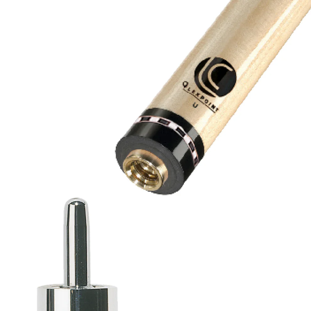 Close-up of a Lucasi Custom Uni-Loc Zero Flexpoint Solid Core pool cue shaft.