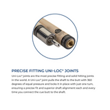 Close-up of a Lucasi Custom Uni-Loc Zero Flexpoint Solid Core pool cue shaft details.
