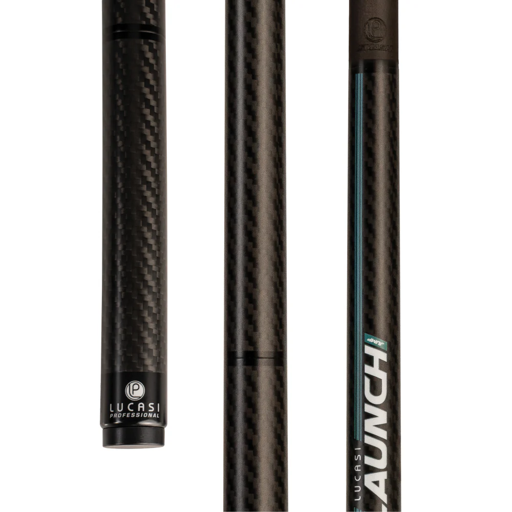 close-up views of a black carbon-fiber cue shaft with the Lucasi Professional logo and the model name AUNCH.