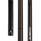 close-up views of a black carbon-fiber cue shaft with the Lucasi Professional logo and the model name AUNCH.