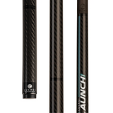 close-up views of a black carbon-fiber cue shaft with the Lucasi Professional logo and the model name AUNCH.