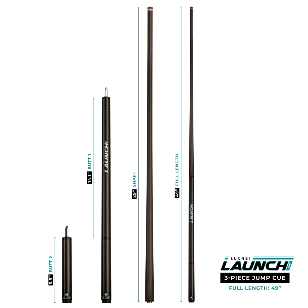 A product diagram showing four black Lancer 3-piece jump cues with labeled butt sizes, shaft lengths, and full length measurements on a white background, plus a Lancer logo in the lower right.