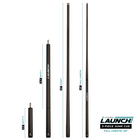 A product diagram showing four black Lancer 3-piece jump cues with labeled butt sizes, shaft lengths, and full length measurements on a white background, plus a Lancer logo in the lower right.