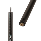 Close-up of a black carbon-fiber cue shaft with a gold ball end and a silver tip, shown against a plain white background.