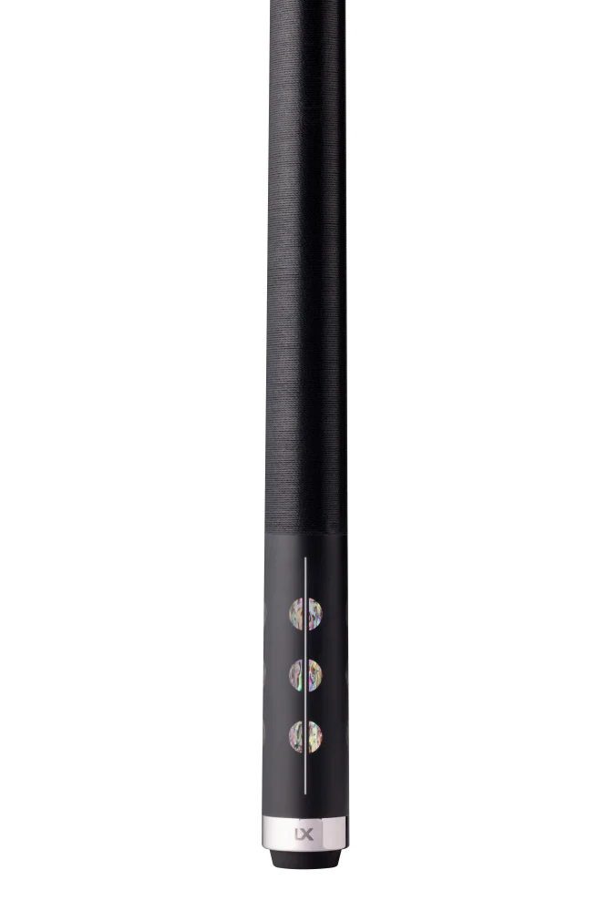 Black cue with a brand logo on a white background