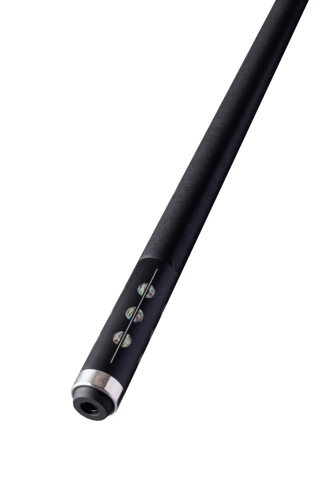 Black pool cue with silver accent on a white background