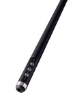 Black pool cue with silver accent on a white background