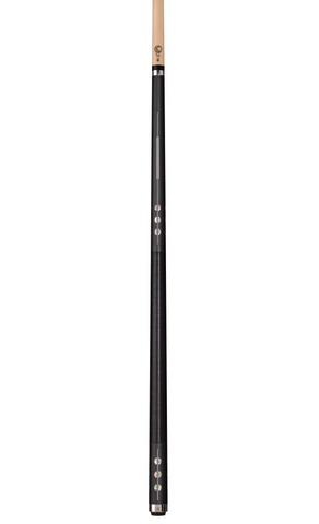 Black pool cue with wooden tip on a white background