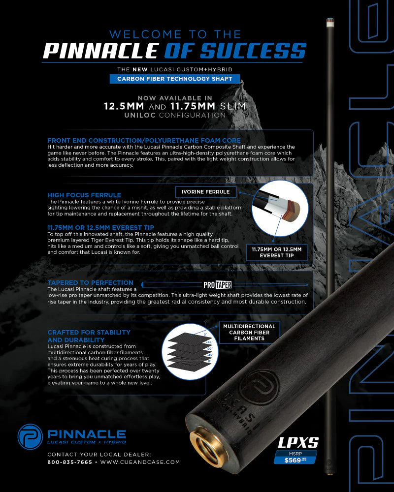 Flyer for Lucasi Pinnacle Carbon Fiber Shaft with specs and pricing.