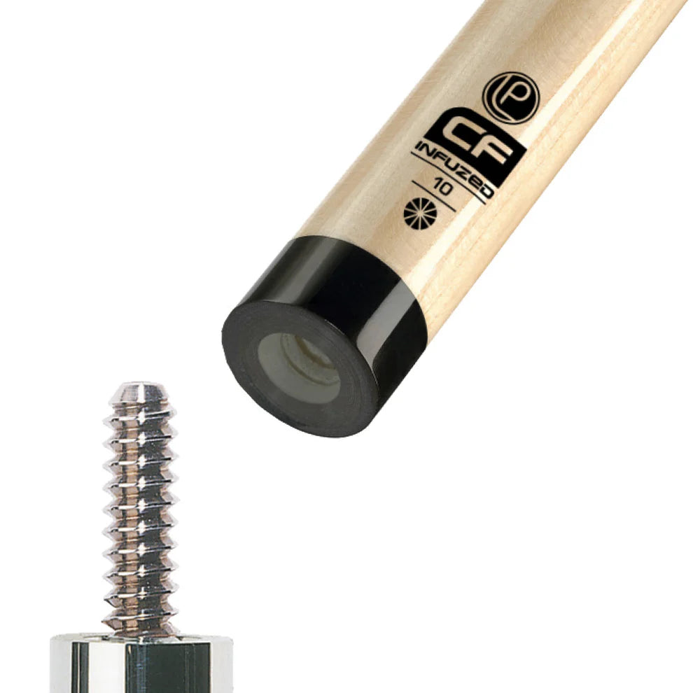 Close-up of Lucasi Pro Carbon InFUZED 10S Shaft joint with metal screw and wood cue end.