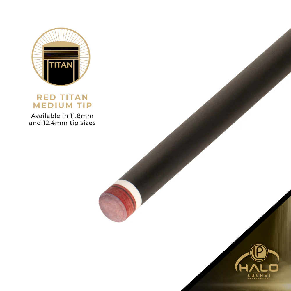 Pool cue with red tip and Titan branding on a white background