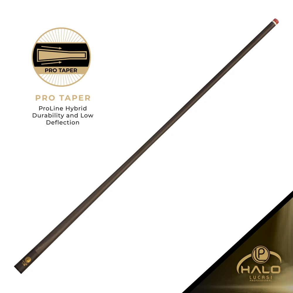 Pool cue with Halo Lucasi branding on a white background