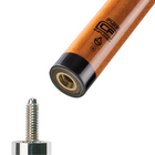 Wooden pool cue with a close-up of the tip and brand logo on a white background