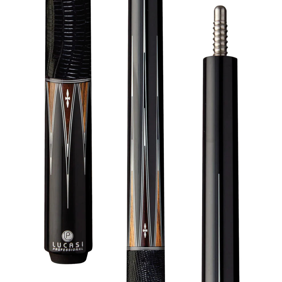 Close-up of a Lucasi Pro OD Series cue with Bocote inlay and black-white cue butt design.
