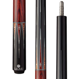 Close-up of a Lucasi Pro OD Series Rengas Cue Butt featuring black, red, and white designs.