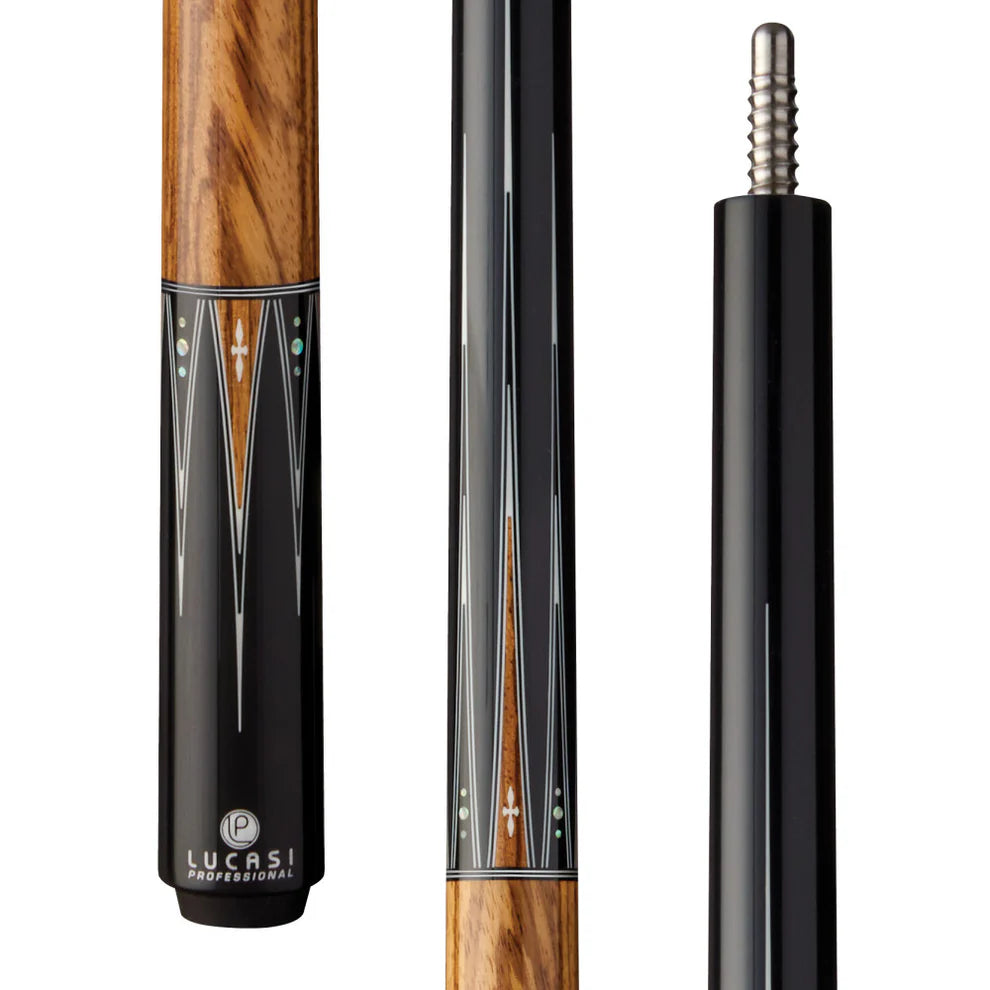 Close-up of Lucasi Pro OD Series cue with zebrawood butt and silver accents.