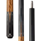Close-up of Lucasi Pro OD Series cue with zebrawood butt and silver accents.