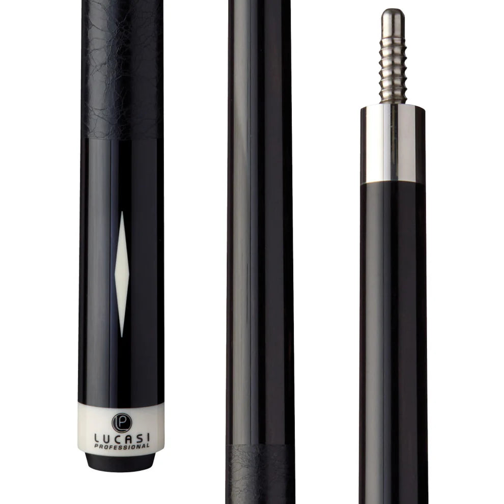 Three views of a Lucasi Pro Series Ebony Cue Butt with silver and white accents.