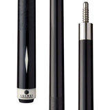 Three views of a Lucasi Pro Series Ebony Cue Butt with silver and white accents.
